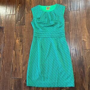TORY BURCH Classic Green Small Black Diamond Print Sleeveless Knee Length Sz 2